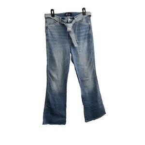 Gap Denim High Rise Flare Jeans Women 10/30 Light Wash Belted Raw Hem